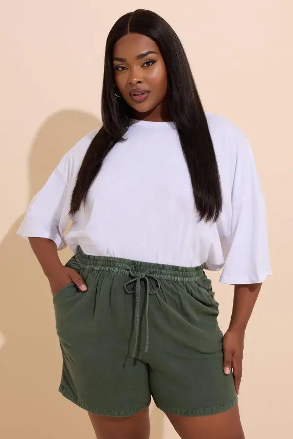 Yours Curve Khaki Green Chambray Shorts, Women's Curve & Plus Size, Yours