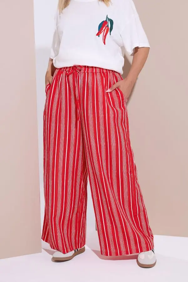 Yours Curve Red Textured Stripe Wide Leg Trousers, Women's Curve & Plus Size, Yours