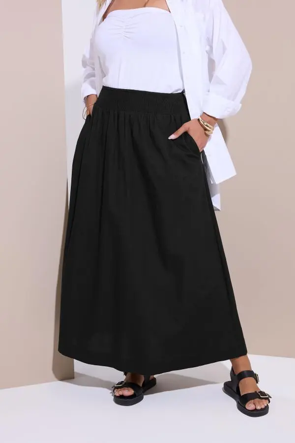 Yours Curve Black Poplin Shirred Waist Maxi Skirt, Women's Curve & Plus Size, Yours
