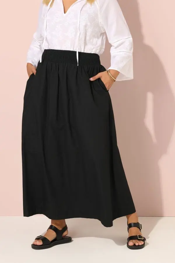 Yours Curve Black Poplin Shirred Waist Maxi Skirt, Women's Curve & Plus Size, Yours