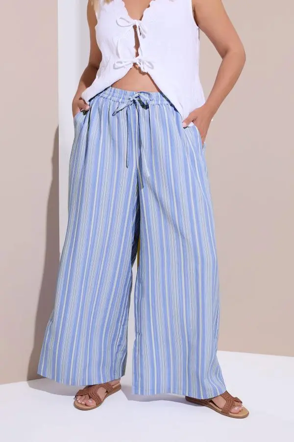 Yours Curve Blue Textured Stripe Wide Leg Trousers, Women's Curve & Plus Size, Yours