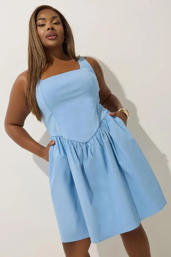 Limited Collection Curve Blue Square Neck Mini Dress, Women's Curve & Plus Size, Limited Collection