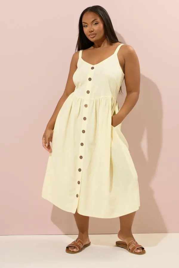 Yours Curve Butter Yellow Linen Strappy Sundress, Women's Curve & Plus Size, Yours