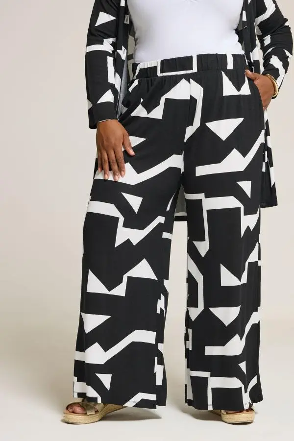 Yours Curve Black & White Abstract Wide Leg Trousers, Women's Curve & Plus Size, Yours