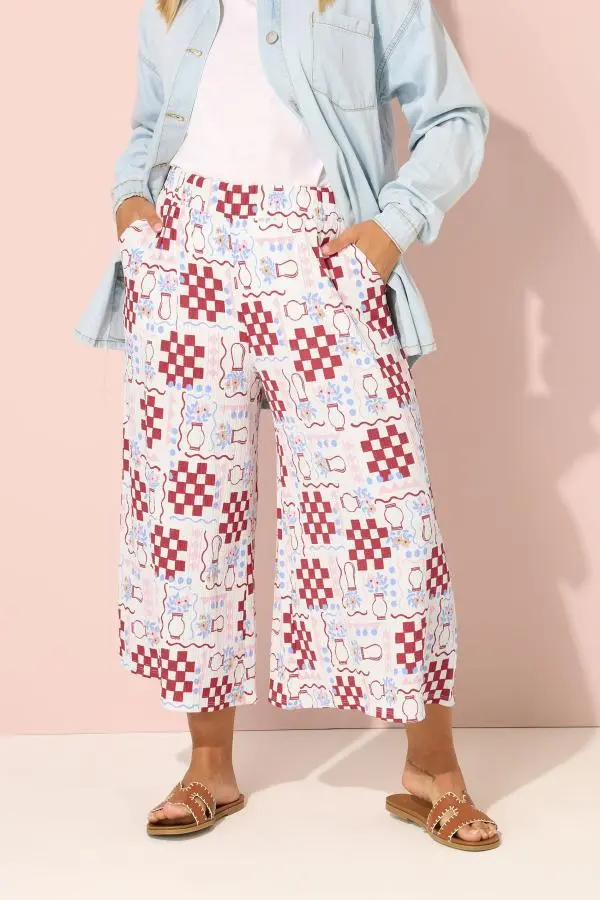 Yours Curve White Floral Check Crinkle Midaxi Culottes, Women's Curve & Plus Size, Yours