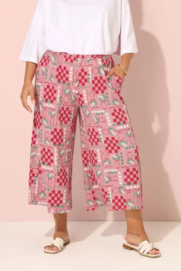 Yours Curve Pink Floral Check Crinkle Midaxi Culottes, Women's Curve & Plus Size, Yours