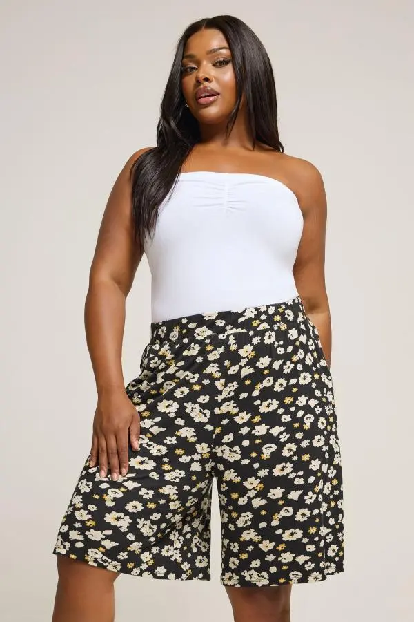 Yours Curve Black & Yellow Floral Jersey Shorts, Women's Curve & Plus Size, Yours