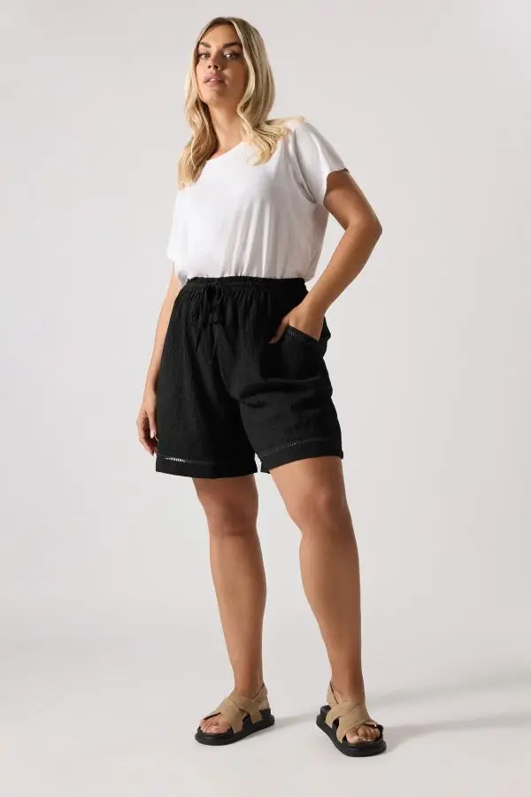 Yours Curve Black Crochet Trim Shorts, Women's Curve & Plus Size, Yours