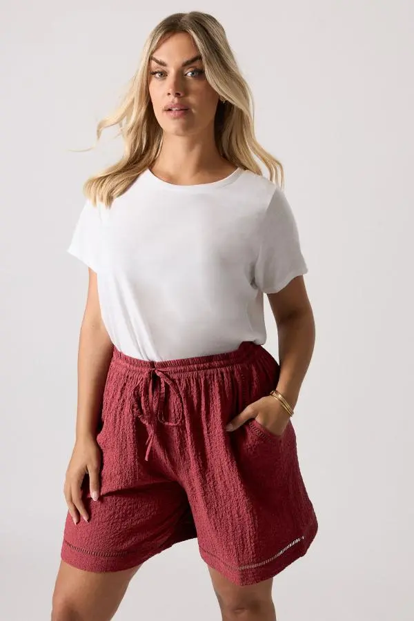 Yours Curve Dark Red Crochet Trim Shorts, Women's Curve & Plus Size, Yours