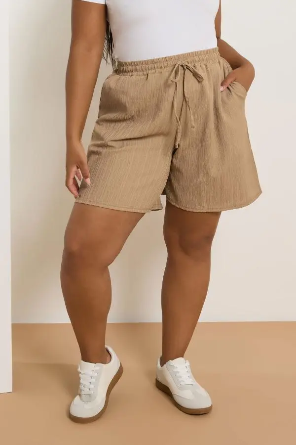 Yours Curve Natural Brown Crinkle Tie Waist Shorts, Women's Curve & Plus Size, Yours