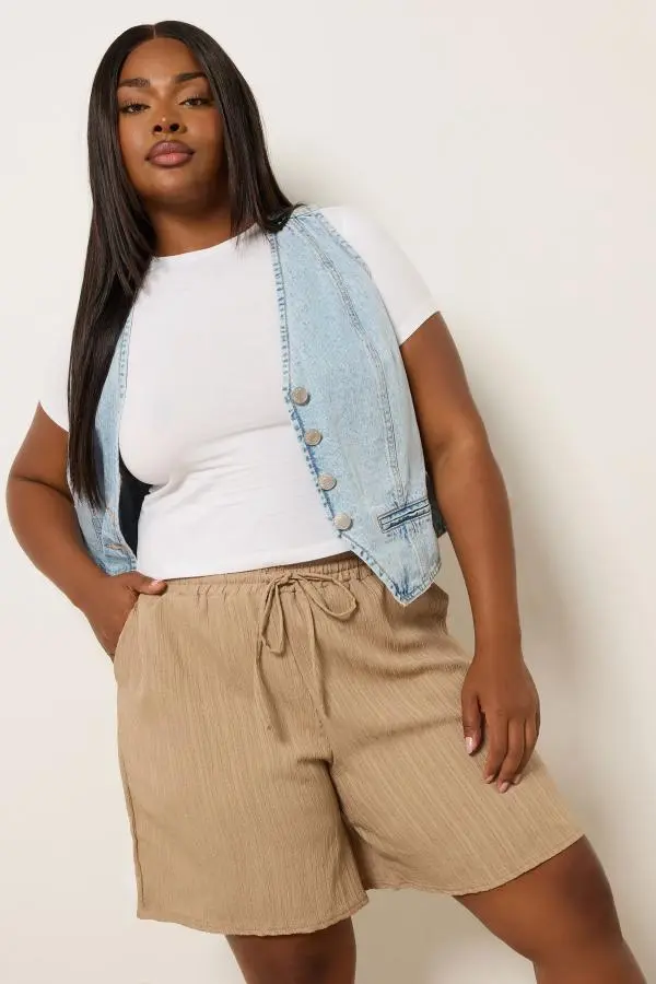 Yours Curve Natural Brown Crinkle Tie Waist Shorts, Women's Curve & Plus Size, Yours