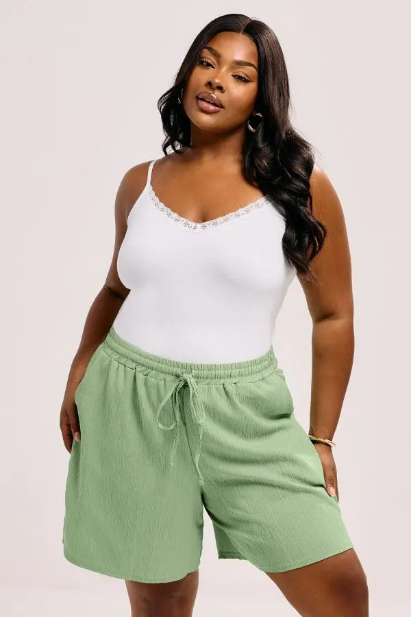 Yours Curve Sage Green Crinkle Tie Waist Shorts, Women's Curve & Plus Size, Yours