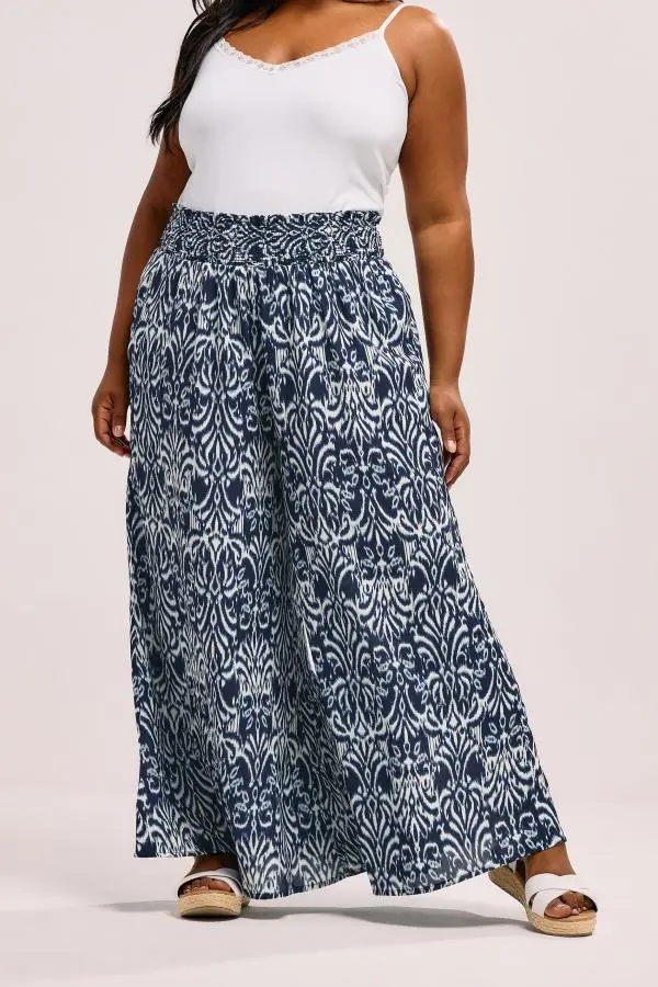 Yours Curve Blue Ikat Shirred Waist Trousers, Women's Curve & Plus Size, Yours
