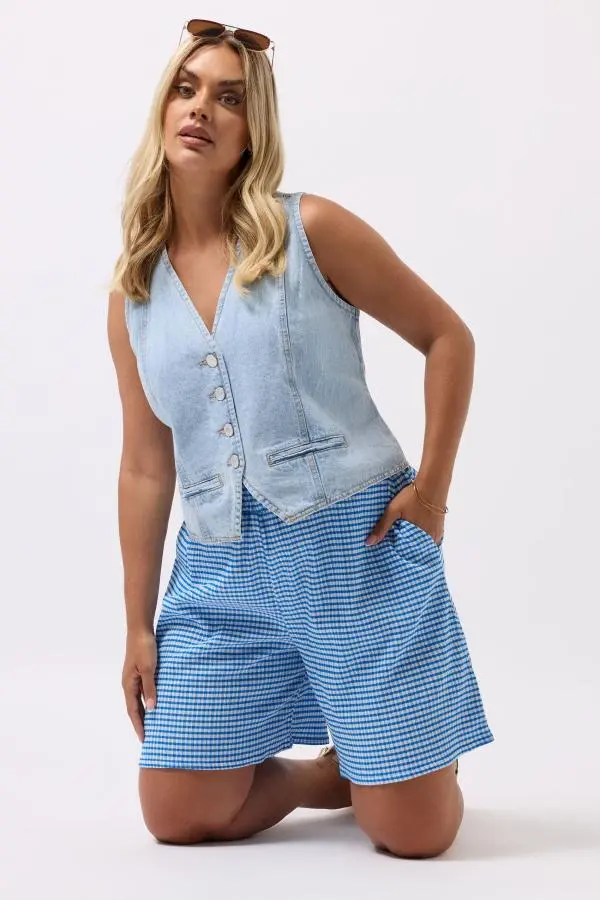 Yours Curve Blue Gingham Textured Shorts, Women's Curve & Plus Size, Yours