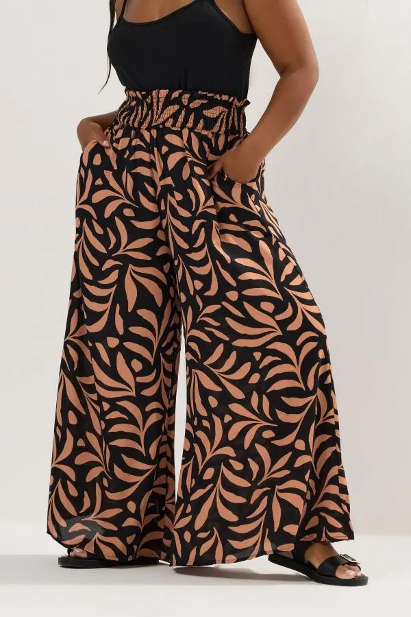 Yours Curve Black Palm Leaf Shirred Waist Trousers, Women's Curve & Plus Size, Yours