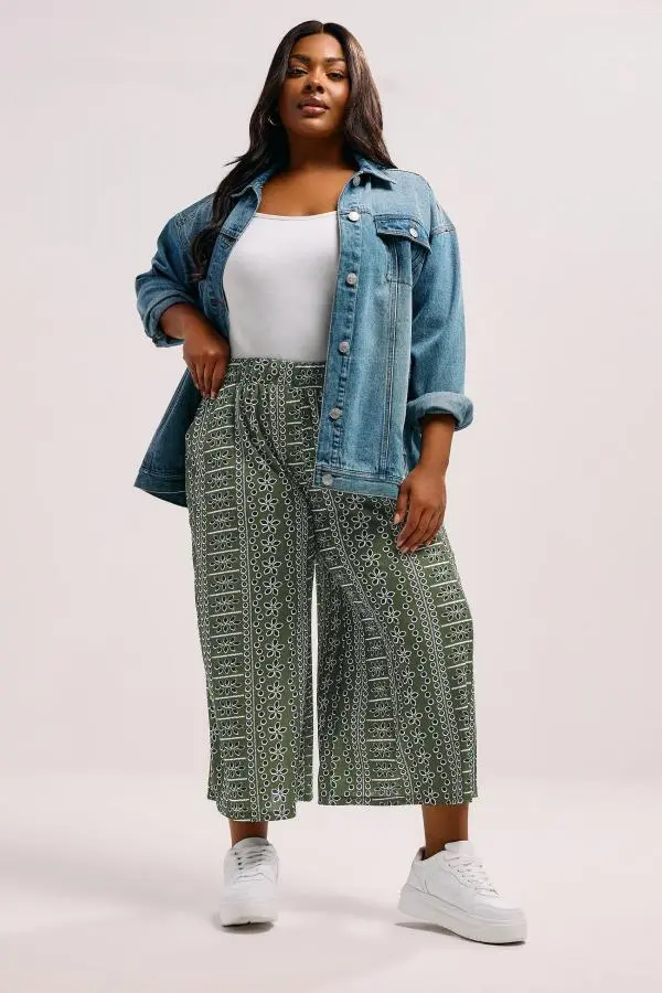 Yours Curve Green Floral Crinkle Midaxi Culottes, Women's Curve & Plus Size, Yours