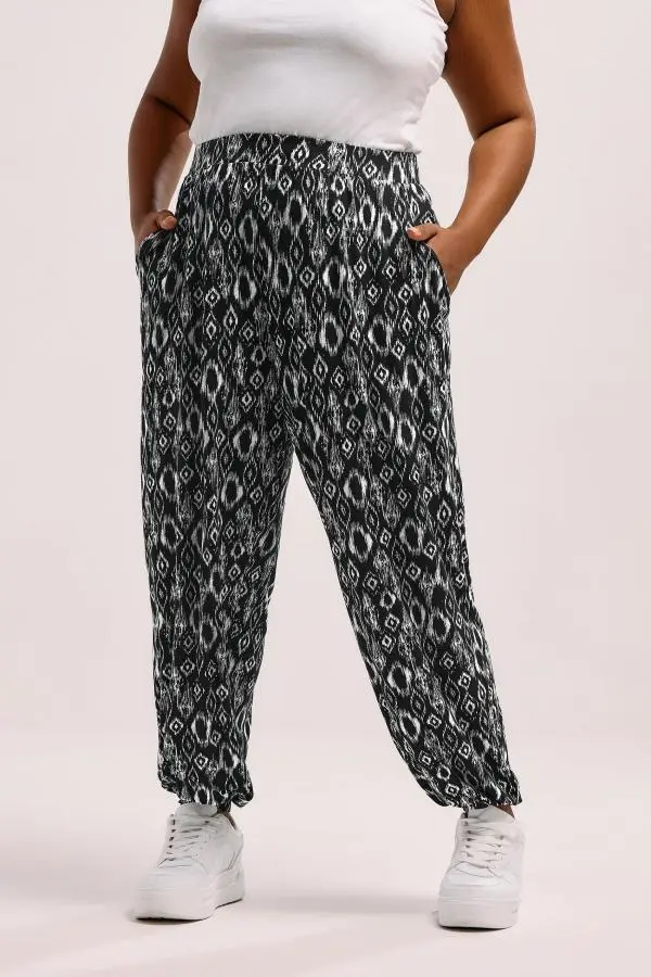 Yours Curve Black Ikat Cuffed Harem Trousers, Women's Curve & Plus Size, Yours