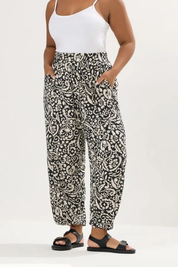 Yours Curve Black Paisley Print Cuffed Harem Trousers, Women's Curve & Plus Size, Yours