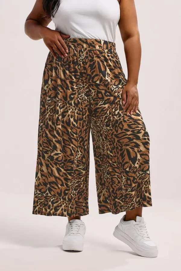 Yours Curve Brown Animal Print Wide Leg Cropped Trousers, Women's Curve & Plus Size, Yours