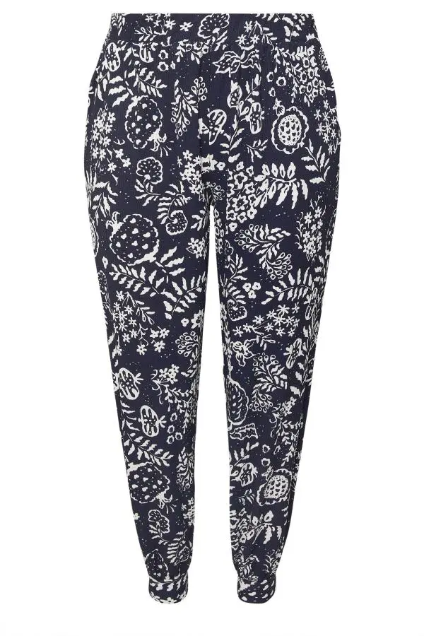 Yours Curve Navy Blue Leaf Print Cuffed Harem Trousers, Women's Curve & Plus Size, Yours