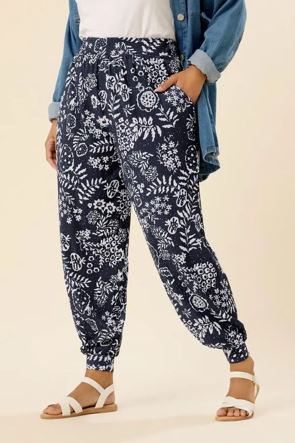 Yours Curve Navy Blue Leaf Print Cuffed Harem Trousers, Women's Curve & Plus Size, Yours