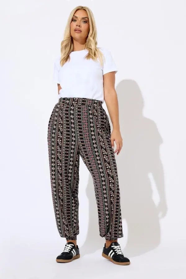 Yours Curve Black Floral Paisley Cuffed Harem Trousers, Women's Curve & Plus Size, Yours