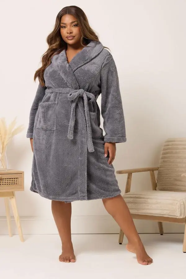 Yours Plus Size Grey Shawl Collar Fluffy Dressing Gown Size 30-32