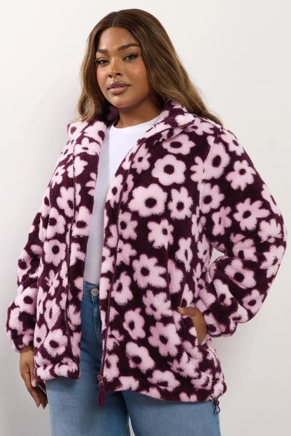 Yours Curve Burgundy Red Floral Zip Through Fleece Jacket, Women's Curve & Plus Size, Yours