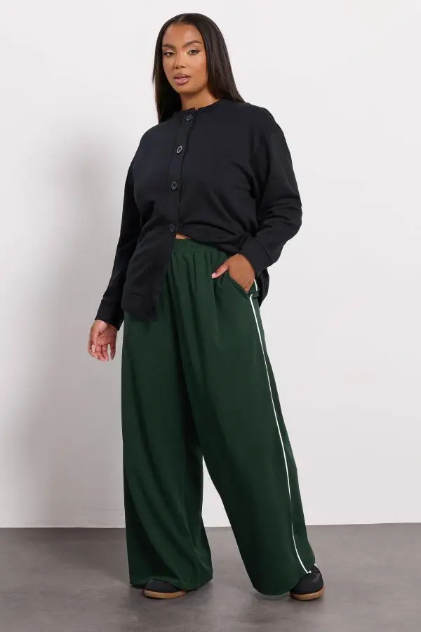 Yours Curve Forest Green Side Stripe Wide Leg Trousers, Women's Curve & Plus Size, Yours