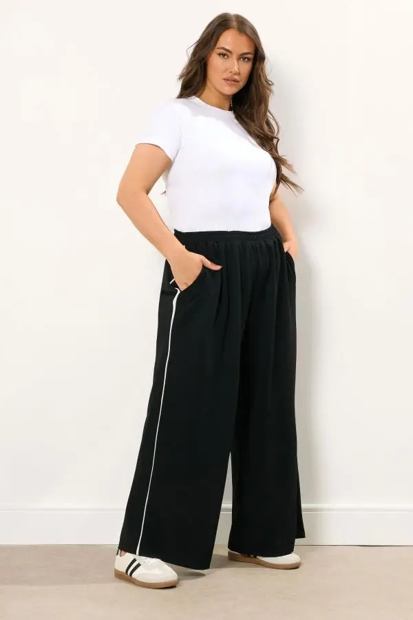 Yours Curve Black Scuba Side Stripe Wide Leg Trousers, Women's Curve & Plus Size, Yours