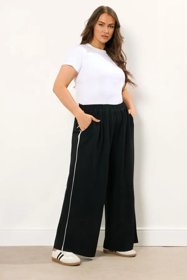 Yours Plus Size Black Scuba Side Stripe Wide Leg Trousers Size 26-28