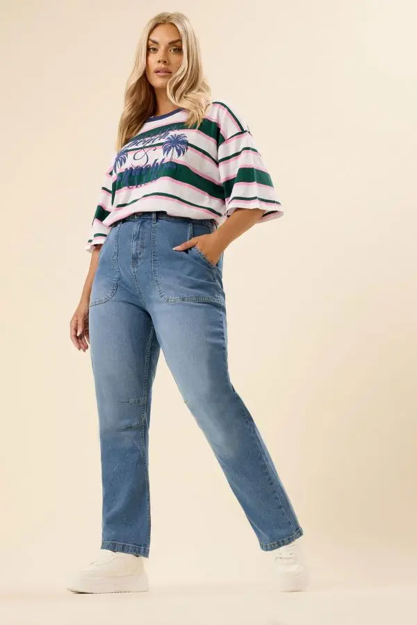 Yours Curve Mid Blue Slim Barrel Jeans, Women's Curve & Plus Size, Yours