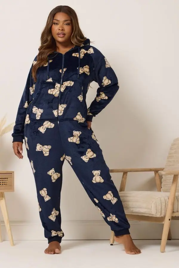 Yours Curve Navy Blue Teddy Bear Print Onesie Pyjama