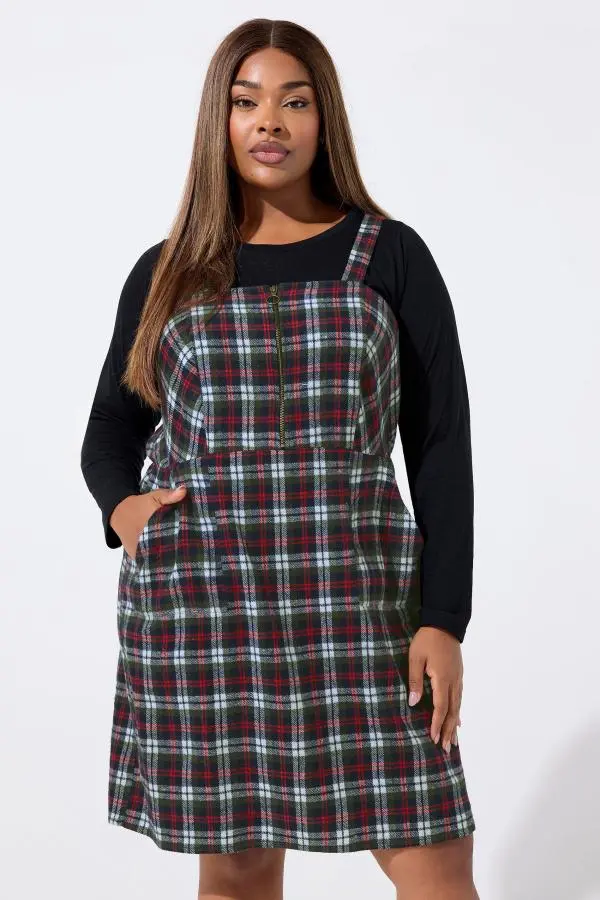 Limited Collection Curve Burgundy Red Check Pinafore Dress, Women's Curve & Plus Size, Limited Collection