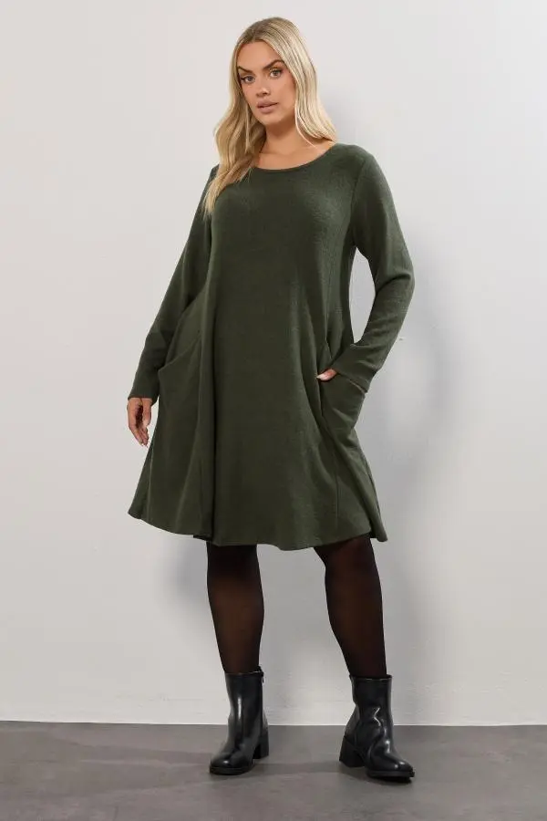 Yours Curve Khaki Green Soft Touch Pocket Dress, Women's Curve & Plus Size, Yours