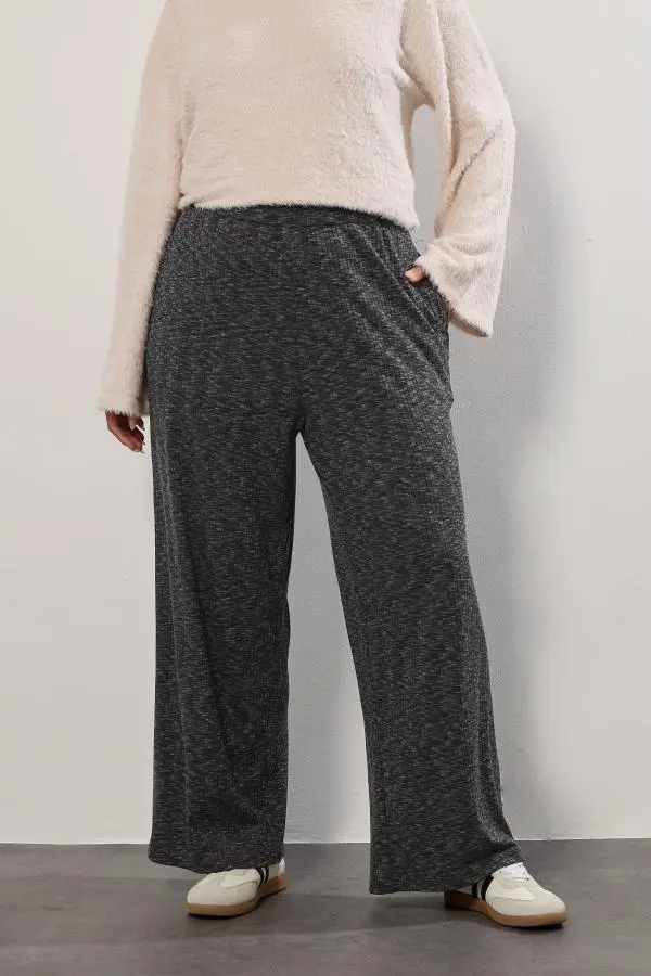 Yours Curve Grey Marl Ribbed Wide Leg Trousers, Women's Curve & Plus Size, Yours