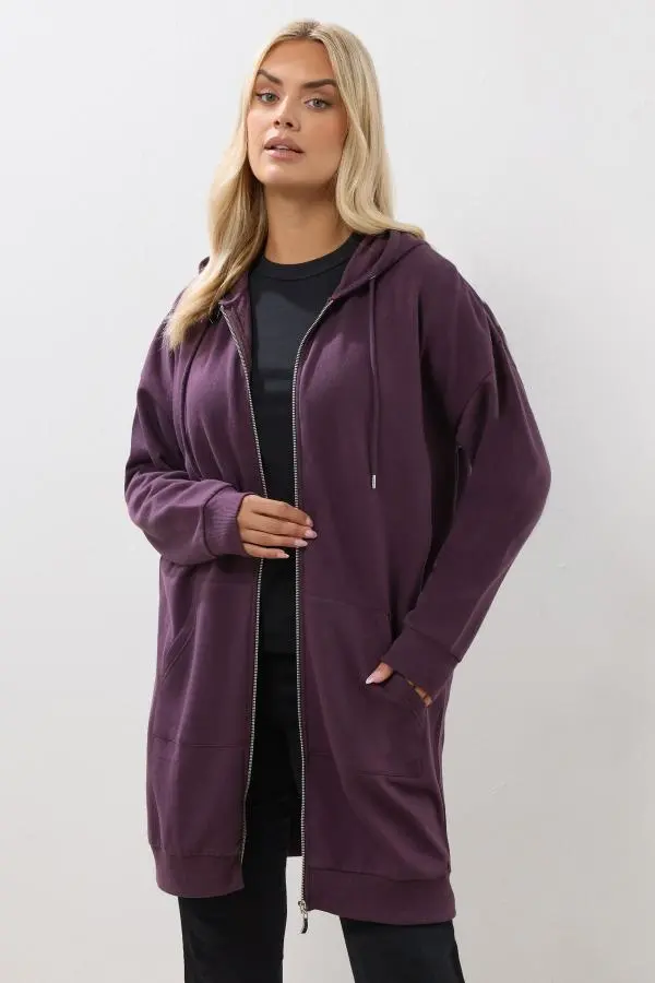 Yours Curve Dark Purple Longline Zip Hoodie, Women's Curve & Plus Size, Yours