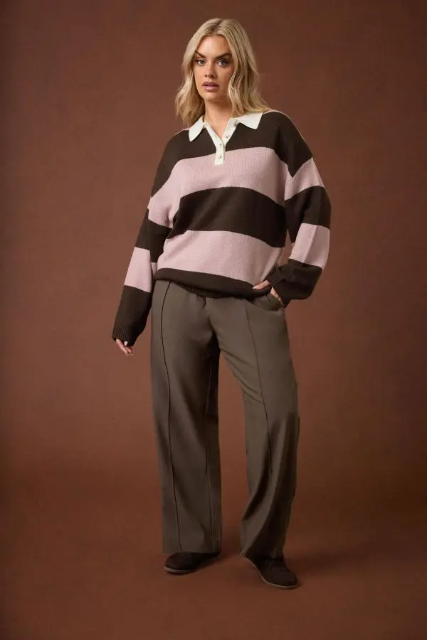 Yours Plus Size Brown Seam Front Wide Leg Trousers Size 16
