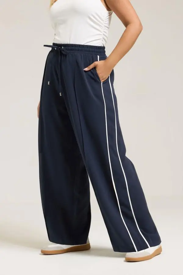 Yours Curve Navy Blue Side Stripe Wide Leg Trousers, Women's Curve & Plus Size, Yours