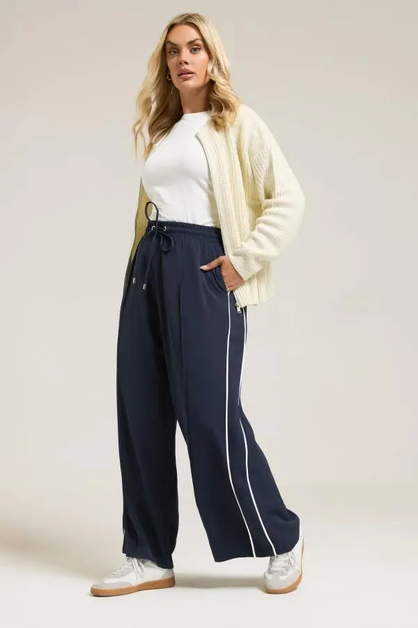 Yours Curve Navy Blue Side Stripe Wide Leg Trousers, Women's Curve & Plus Size, Yours