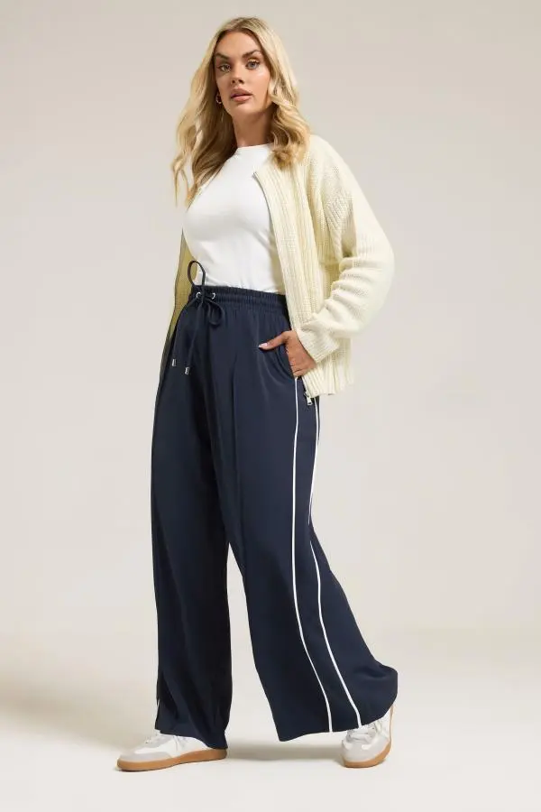 Yours Curve Navy Blue Side Stripe Wide Leg Trousers, Women's Curve & Plus Size, Yours