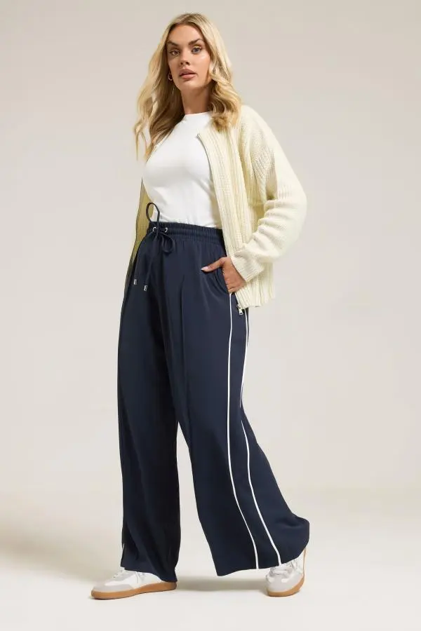 Yours Plus Size Navy Blue Side Stripe Wide Leg Trousers Size 30-32