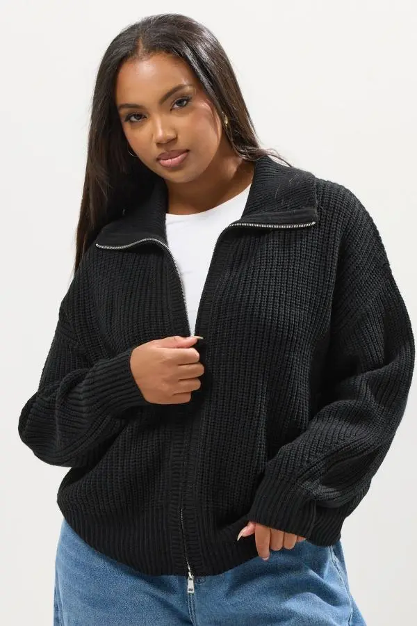 Yours Curve Black Knitted Collared Bomber Cardigan, Women's Curve & Plus Size, Yours