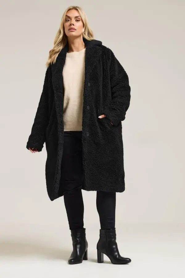 Yours Curve Black Teddy Borg Midi Coat, Women's Curve & Plus Size, Yours