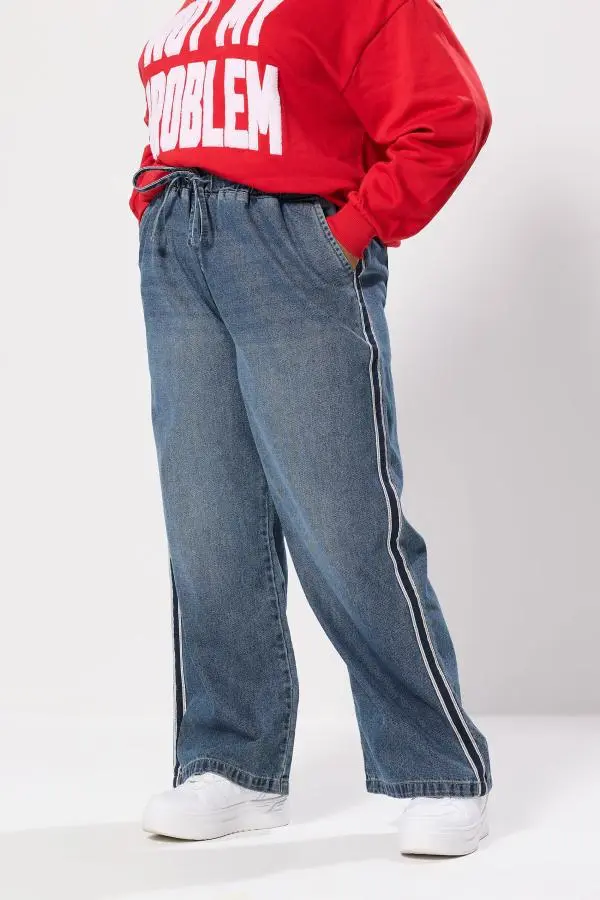 Yours Curve Blue Side Stripe Wide Leg Jeans, Women's Curve & Plus Size, Yours