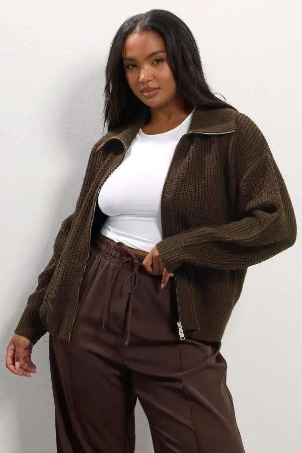 Yours Curve Brown Knitted Collared Bomber Cardigan, Women's Curve & Plus Size, Yours
