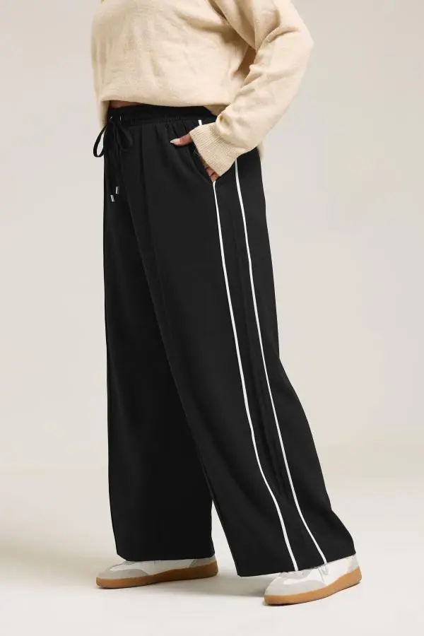 Yours Curve Black Side Stripe Wide Leg Trousers, Women's Curve & Plus Size, Yours