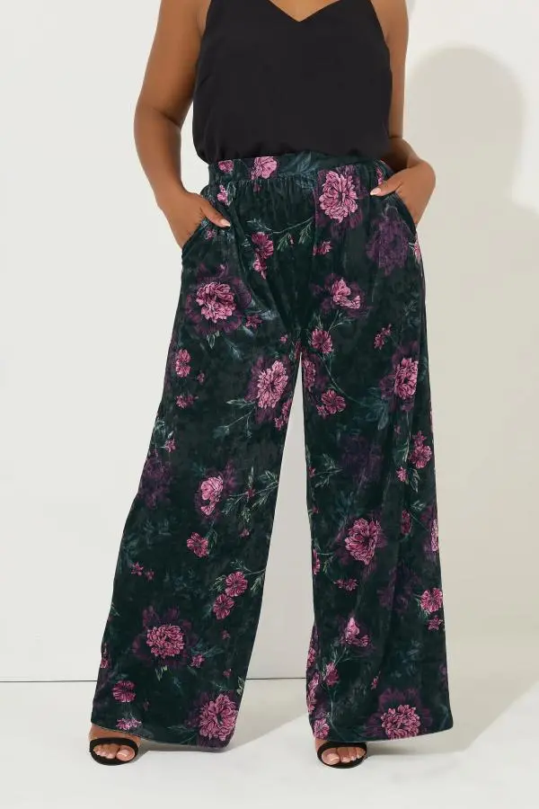Yours Curve Black Velour Floral Wide Leg Trousers, Women's Curve & Plus Size, Yours