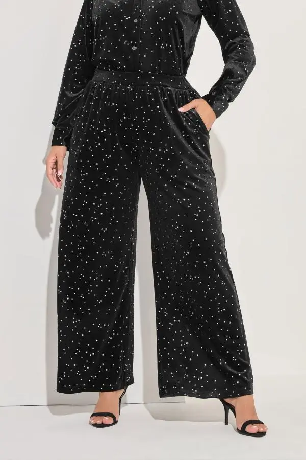 Yours Curve Black Star Velour Wide Leg Trousers, Women's Curve & Plus Size, Yours