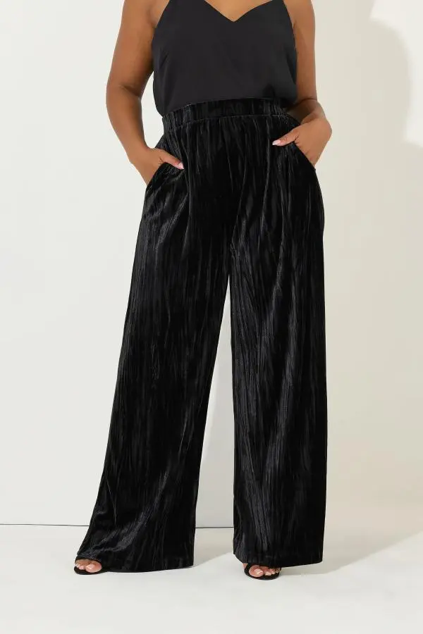 Yours Curve Black Crushed Velour Wide Leg Trousers, Women's Curve & Plus Size, Yours
